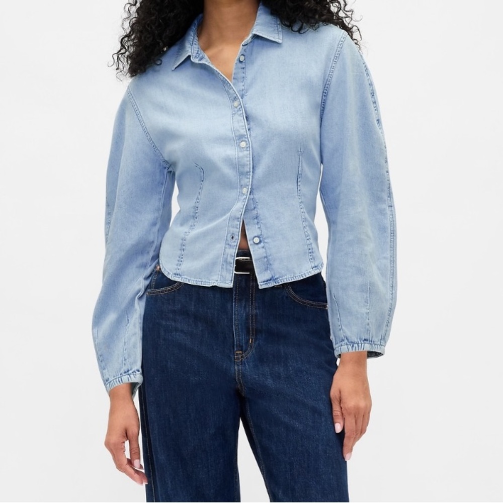 Light Blue Denim Cotton Balloon Sleeve Shirt Sizes Small Petite & Medium Petite